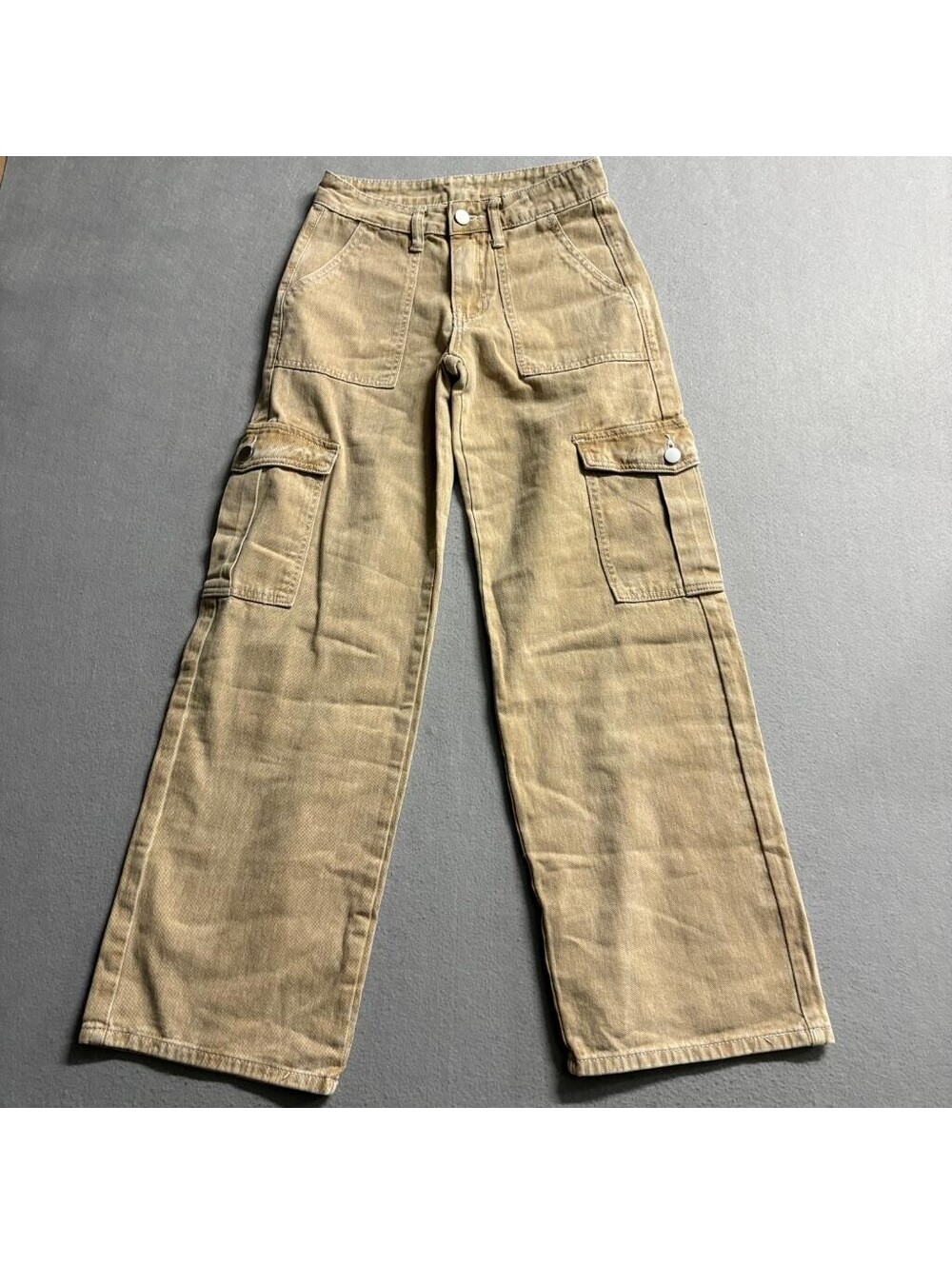 Shein Petite XXS Tan Brown Cargo Pants Womens Wide Leg High Rise Cotton Denim